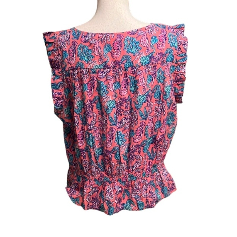 NWT Simply Southern Top Seahorses blue elastic waist sleeveless ruffle detail XL - Picture 4 of 13